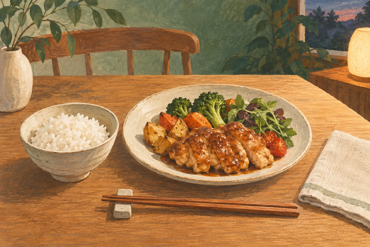主菜と野菜の皿に、茶碗のごはんを添えた夕食のイラスト
